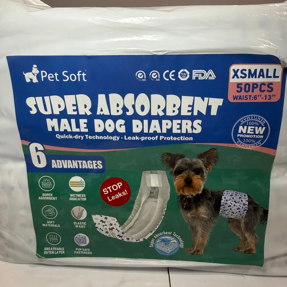 Pet Soft Male Dog Diapers XS 50ct Super Absorbent Disposable Wraps 6-13in Waist